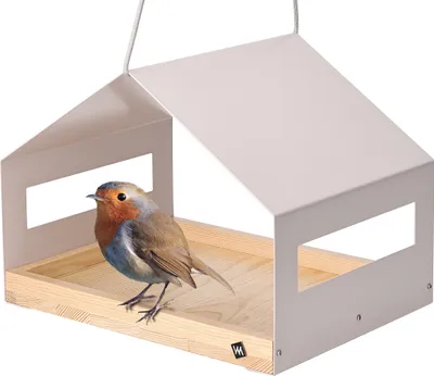 Produktbild von WONDERMAKE® Design Vogelhaus aus Metall und Holz wetterfest zum Aufhängen, modernes Vogelfutterhaus groß Metalldach hängend, Vogelhäuschen Futterhaus