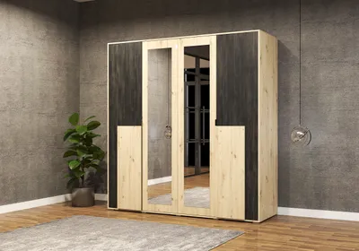 Drehtürenschrank Kleiderschrank Schrank mit zwei Spiegeln Artisan Eiche/Schwarze Norwegischer Kiefer BAFRA 200cm