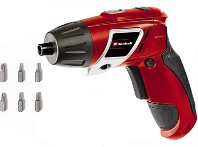 A red Einhell cordless screwdriver with a set of six bits arranged to its left, all on a white background.