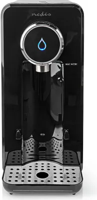A black water dispenser with a blue water drop indicator.