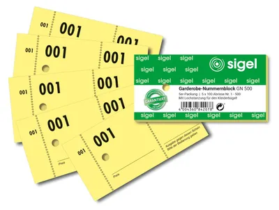 Produktbild von SIGEL GN500 Garderobe-Nummernblock, 5er-Pack, nummeriert 1-500, 2-fbg. sortiert, mit perforiertem Abriss und Lochstanzung für den Kleiderbügel, 105x50 mm, 5 x 100