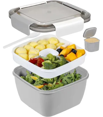 Produktbild von Bento Box 1500 ML Grau mit Gabel und Dressingbehälter, 3 Fächer, auslaufsicher, PP, für Schule, Arbeit, Picknick