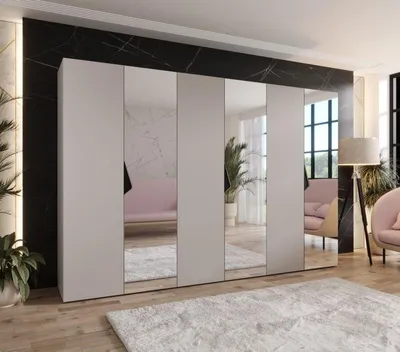 Obrázek produktu pro Velká zrcadlová šatní skříň 300 cm AMARIS 2 - kašmír / černé úchyty