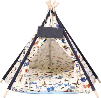 Zdjęcie produktu dla Namiot Tipi dla psa lub kota - Namiot dla zwierząt Deluxe - Kremowy - Z poduszką i tabliczką z imieniem