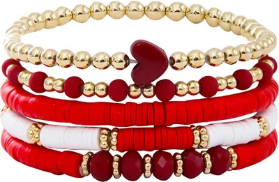 Produktbild von 5 Stück böhmische Armbänder aus Polymer-Ton, mehrschichtige Stapelperlen in Herzform, Schmuck in Kontrastfarbe für Strand, Arbeit, Party, Urlaub