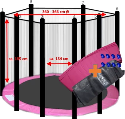 Produktbild von walexo Trampolin Randabdeckung + Sicherheitsnetz für 8 Stangensystem ( 366 cm Ø, Pink/Schwarz )