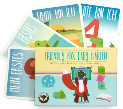 Produktbild von Friendly Fox Baby Meilensteinkarten Set aus 38 Karten, Meilensteine im 1. Jahr, Geschenke zur Geburt für Jungen und Mädchen geeignet