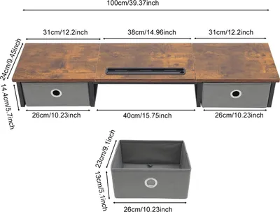 Obrázek produktu pro Stojan na monitor – podstavec pod monitor – se zásuvkami – pro 2 monitory – nosnost 45 kg – 100 x 24 x 14,5 cm – organizér na stůl