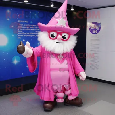 Produktbild von Rosa REDBROKOLY Zauberer Maskottchen kostümfigur bekleidet mit einem Minikleid und einer Brille