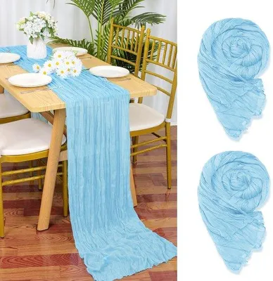 Produktbild von 2er-Set Tischläufer aus Käsetuch, babyblau, 90 x 300 cm, hellblau, rustikaler Gaze-Stoff, Boho-Tischläufer, Tischläufer aus Käsetuch, Tischdecke für Hochzeitsfeier, Brautparty, Tischdekoration