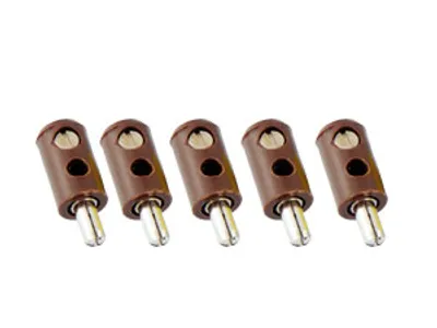 Five brown electrical connectors with silver pins are arranged in a row on a white background.