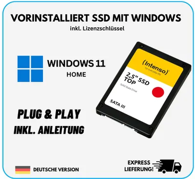 A marketing image for a pre-installed SSD with Windows 11 Home, highlighting features like Plug & Play and express delivery.