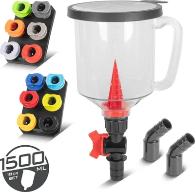 A collage of a car oil funnel set with various adapters and a 1500ml capacity indicator.