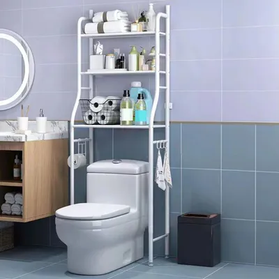 Zdjęcie produktu dla Półka łazienkowa nad toaletą – metalowa półka z 3 półkami – zdejmowane wieszaki na ręczniki i uchwyt na papier toaletowy – wolnostojąca – łatwy montaż – biała