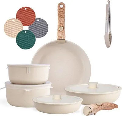 Image de Batterie de cuisine avec casseroles compatibles avec l'induction - Poignées amovibles - Empilables - Revêtement antiadhésif - Granit - Ustensiles de cuisine - Couvercles - Peu encombrants - Batterie de casseroles