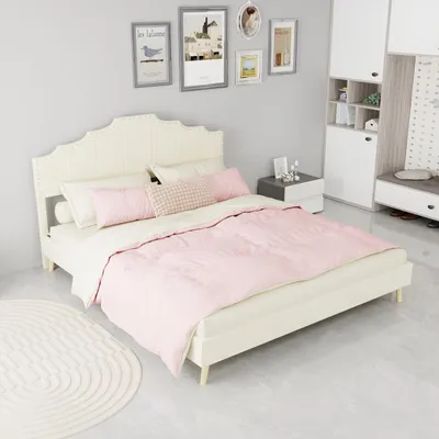 Imagen del producto de Cama tapizada de matrimonio, modelo Zerbaco, de 160x200 cm, con cajón para ropa de cama, color beige, con somier, sin colchón