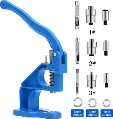 A blue manual grommet press machine with various dies and grommets displayed next to it on a white background.