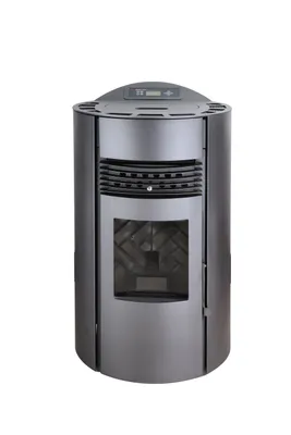 A standalone pellet stove on a white background.