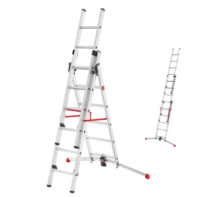 A multi-purpose aluminum ladder is shown in two configurations against a white background.