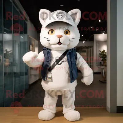Produktbild von Maskottchen REDBROKOLY kostüm der weißen Katze bekleidet mit einem Sweatshirt und Hüten