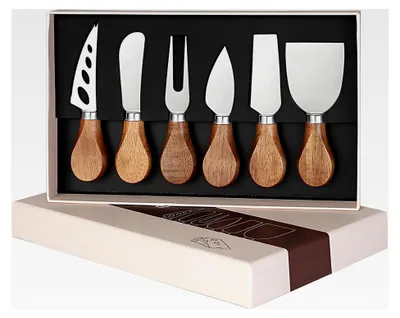 Produktbild von 6-teiliges Käsemesser-Set aus Edelstahl mit Akazienholzgriffen in Geschenkbox - Inkl. Käsegabel und Käsestreicher | Geschenk für Hochzeiten und Geburtstage | Küchenmesserset