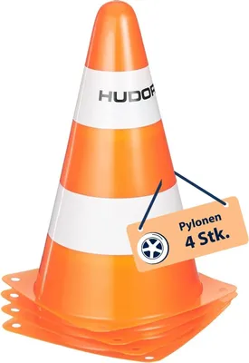Produktbild von HUDORA Pylonen - 4 Stück - Stapelbare Verkehrskegel in Orange/Weiß - Hochwertige Verkehrshütchen - 23 cm hoch & 14 cm breit - Markierungskegel für Slalom, Radfahren, Dribbeln