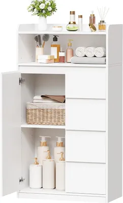 Image de Armoire de salle de bain, meuble de salle de bain avec 4 tiroirs, 1 porte, étagère réglable en 5 niveaux, commode pour salle de bain, salon, cuisine, 110 x 60 x 30 cm, blanc, SBC014W