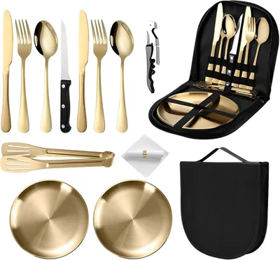 Produktbild von Camping Geschirr Set 13-teilig, für 2 Personen, Edelstahl, mit Besteck, Tellern und Aufbewahrungstasche, für