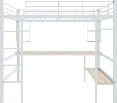 Produktbild von Metallbett 90x200cm Eisenbett (Ohne Matratze) Weiß Hochbett Mit Schreibtisch Mit vier kleinen Regalen und einem großen Jugendbett Kinderbett