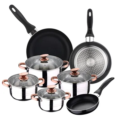 11-tlg. Kochset: 4 Töpfe, 3 Pfannen, Edelstahl, Induktion