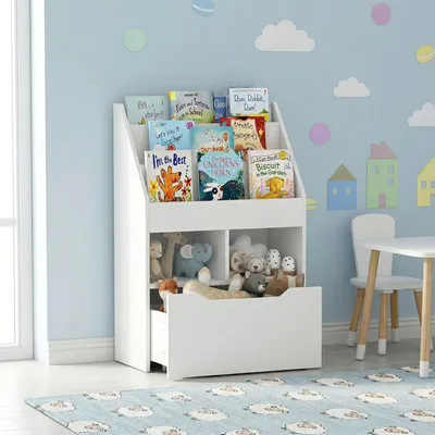 Produktbild von Kinder Bücherregal mit Schublade auf Rollen, Kinderregal MDF, Weiß | 60x29,9x90 cm | 3 Regalböden + 2 Fächer | Kippsicherung