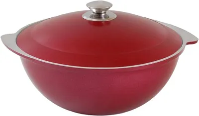Produktbild von Kazan - Kasan - Schmortopf - Kochtopf - Asia WOK mit dicken Wänden / 4,5 Liter / Aluguss / Dekorative Außenbeschichtung Weinrot