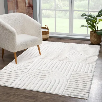 Produktbild von Teppich Hochflor Wohnzimmer - 80x150 cm - Weiß/ Creme - Hochtief-Muster/ 3D-Effekt Geometrisch