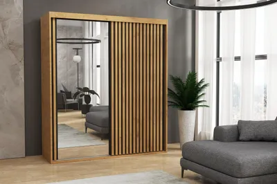 Produktbild von Schiebetürenschrank LAMIRO mit Lamellen und Spiegel B 140 cm T 60 cm H 205 cm Kleiderschrank Farbe Eiche Wotan