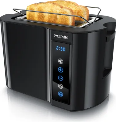 A black Arendo toaster with two slices of toast inside, shown from a slightly elevated front-left angle on a white background.