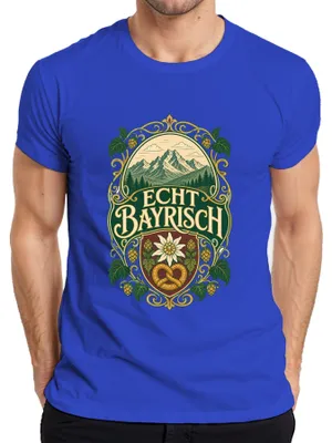 Imagen del producto de Camiseta para hombre, color azul, talla XL, con motivos de los Alpes bávaros, edelweiss, pretzel, lúpulo, pantalones de cuero y motivos de la