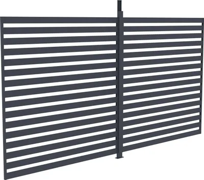 A dark gray slatted fence panel with a vertical support post.
