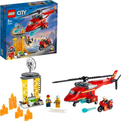 Produktbild von LEGO 60281 City Feuerwehrhubschrauber, Hubschrauber Spielzeug mit Motorrad, Feuerwehrmann und Pilotin als Minifiguren, für Kinder ab 5 Jahre