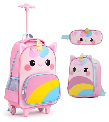 Image de Sac à dos COSTWAY pour enfants avec roulettes, sac à dos de voyage ergonomique 3 en 1, idéal pour l'école, avec sac à lunch et trousse, parfait pour les voyages et la maternelle