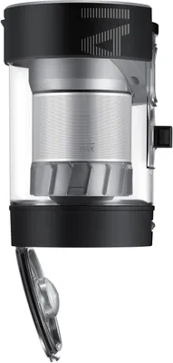 A close-up studio shot of a vacuum cleaner dustbin and motor assembly.