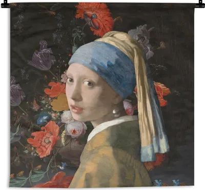 Produktbild von MuchoWow® Wandteppich Wandbehang Das Mädchen mit dem Perlenohrring - Vermeer - Blumen 150x150 cm Tapisserie Dekoration Wandtuch - Wohnaccessoires - Modernes