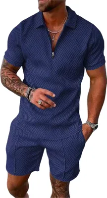 Produktbild von ASKSA Herren Sommer Trainingsanzug Polo Hemd Set Kurzarm T-Shirts und Shorts Outfit Freizeitanzug, Dunkelblau, Groesse: L