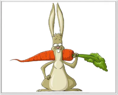 Produktbild von Wallario Wandbild Lustiger Hase mit Möhre im Comic Stil, Größe: 40,30 x 50,30 cm, Poster mit weißem Aluminiumrahmen