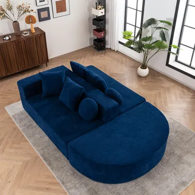 Produktbild von okwish Knochenloses Sofa Chaiselongue mit Schlaffunktion und Schaumstoffstruktur,Wolkensofa Modulares Sofa mit 4 quadratischen Kissen,Blau