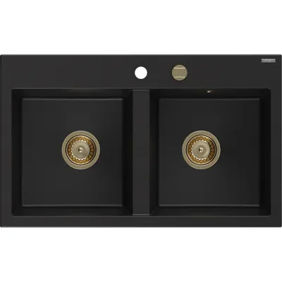 Zdjęcie produktu dla Mexen Hektor zlewozmywak granitowy 2-komorowy 800 x 480 mm, czarny, syfon złoty - 6521802000-77-G