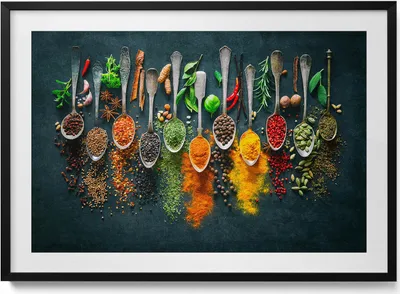 Produktbild von Löffel mit bunten Gewürzen– Wandbild mit Rahmen – Gerahmtes Bild  – Wanddekoration – 100x70 cm –  Schwarz Rahmen