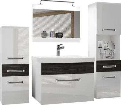 Produktbild von BELINI Badmöbel Vollausstattung Set Waschbeckenschrank, 1x kleiner Schrank, 1xHochschrank, Waschbecken, Spiegel, Lampe (Weiß / Königliches Ebenholz, Glänzend und Matt)