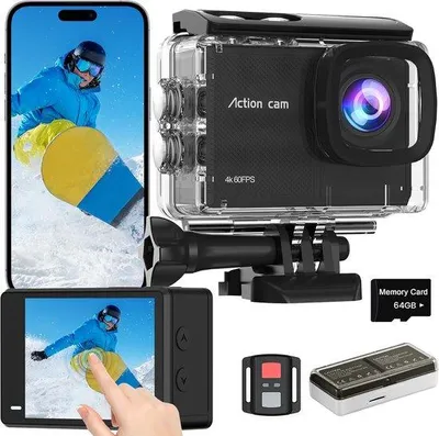 Zdjęcie produktu dla Kamera sportowa z ekranem dotykowym, kamera podwodna 4K60FPS, karta SD 64G, 48MP HD WiFi, wodoodporna do 40 metrów, szeroki kąt widzenia, 8-krotny zoom, idealna do przygód