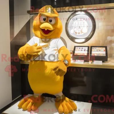 Productafbeelding van Mascot REDBROKOLY karakter van een gouden boterkip gekleed met een tanktop en armbandhorloges