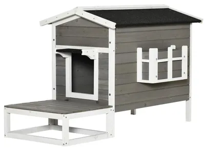 Zdjęcie produktu dla Domek Dla Kota Chatka Dla Kota Jaskinia Dla Kota Domek Dla Małych Zwierząt Z Tarasem I Balkonem Dla Kotów Psy Drewno Jodłowe Szary + Biały 115 X 66,5 X 74,7 Cm